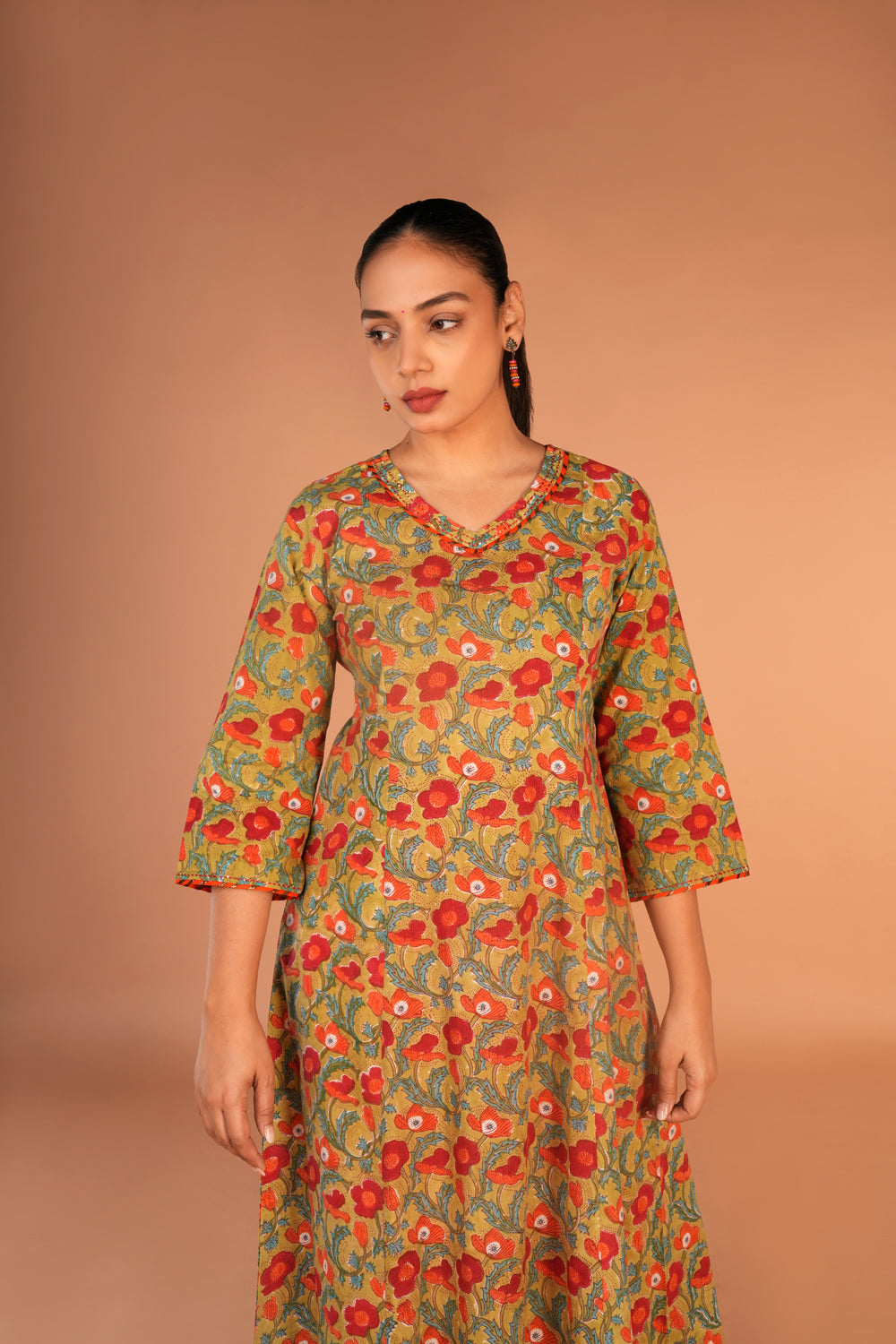 Image of Vermillion red cotton hand block printed Kurta and Dupatta set